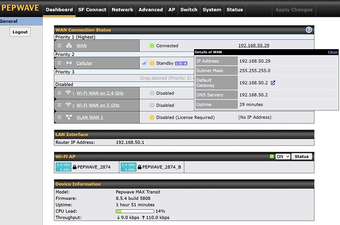MAX Transit WAN Connection Status Screen