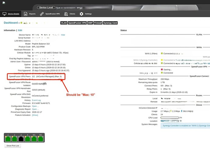 Example of Peplink Balance 310 Hw5 missing PepVPN licences