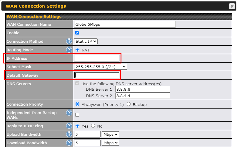 WAN IP Setup - WAN FAILED PING TEST - Peplink Balance - Peplink 